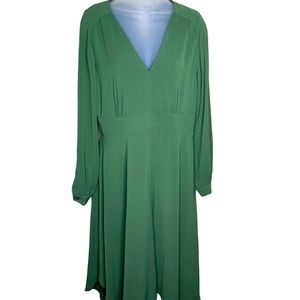 MaxMara Green Midi Dress Long Sleeve V Neck Sz 12